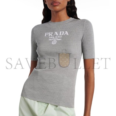 PRADA WOMEN'S GRAY LOGO RIBBED-TRIM SILK T-SHIRT 